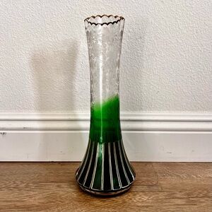 Antique MOSER? Emerald Green To Clear Crystal Vase With Gold Gilding RARE 13.5”
